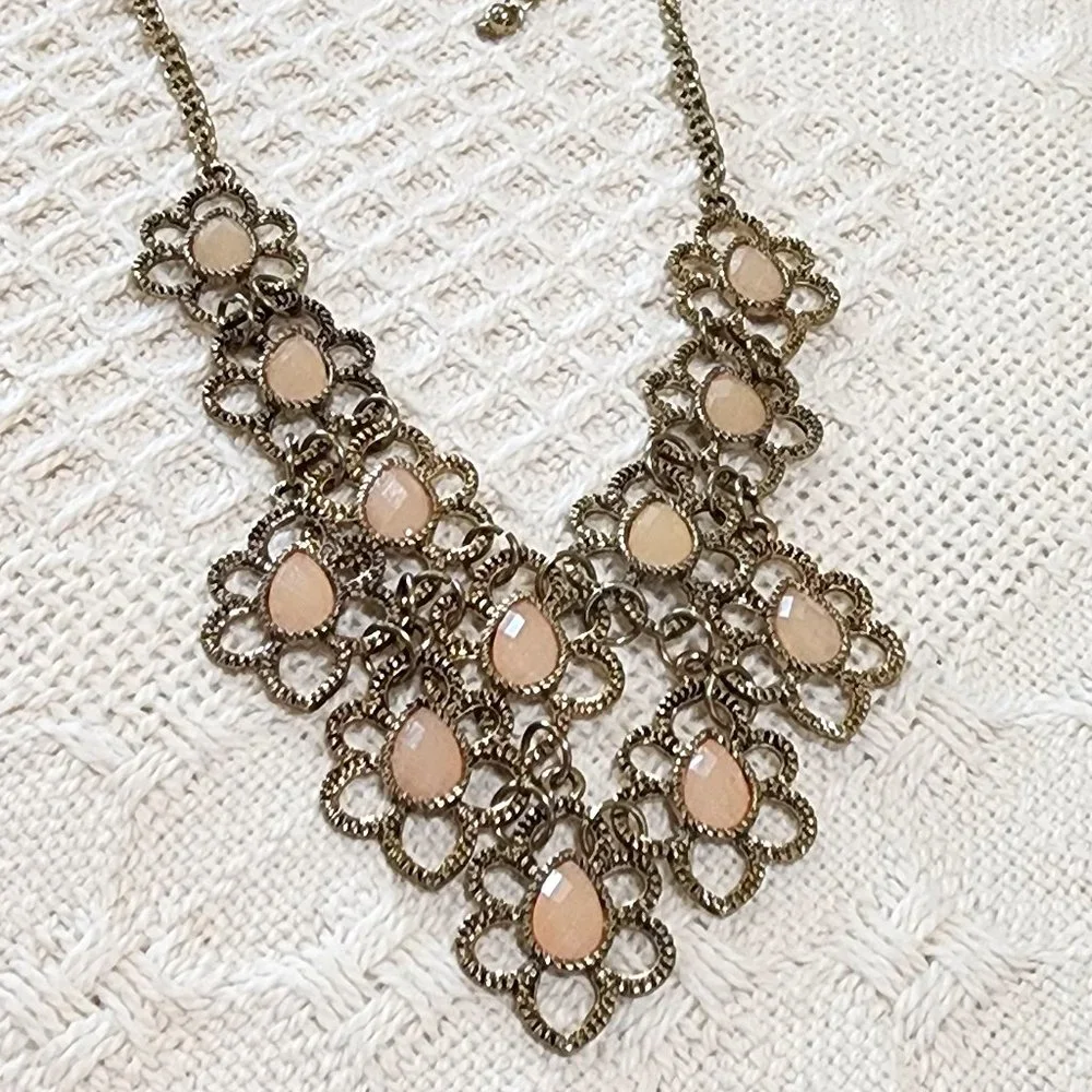 Gold Flower Faceted Light Pink Teardrop Accent Statement Bib Necklace